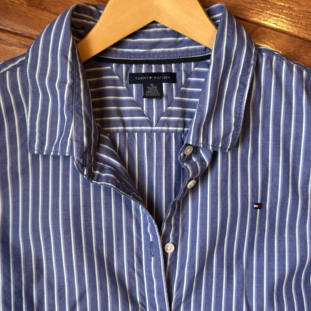 Tommy Hilfiger BLue & White Striped Button-Up Short Sleeve Shirt - Picture 9 of 13